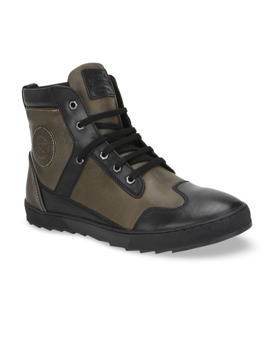 Men Olive Green  Black Colourblocked Mid-Top Flat Boots