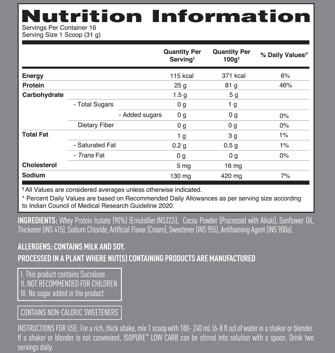 Isopure Low Carb Whey Protein Isolate Powder 500g  25g Protein  Dutch Chocolate Flavour  Low Carb