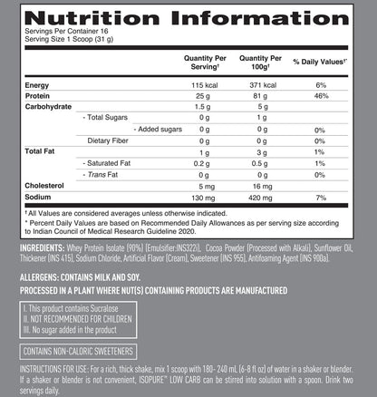 Isopure Low Carb Whey Protein Isolate Powder 500g  25g Protein  Dutch Chocolate Flavour  Low Carb