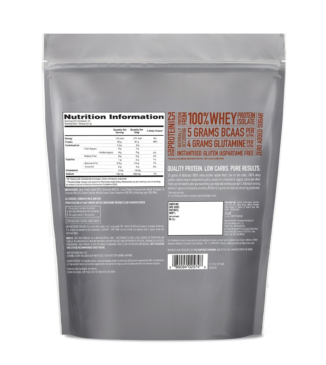 Isopure Low Carb Whey Protein Isolate Powder 500g  25g Protein  Dutch Chocolate Flavour  Low Carb