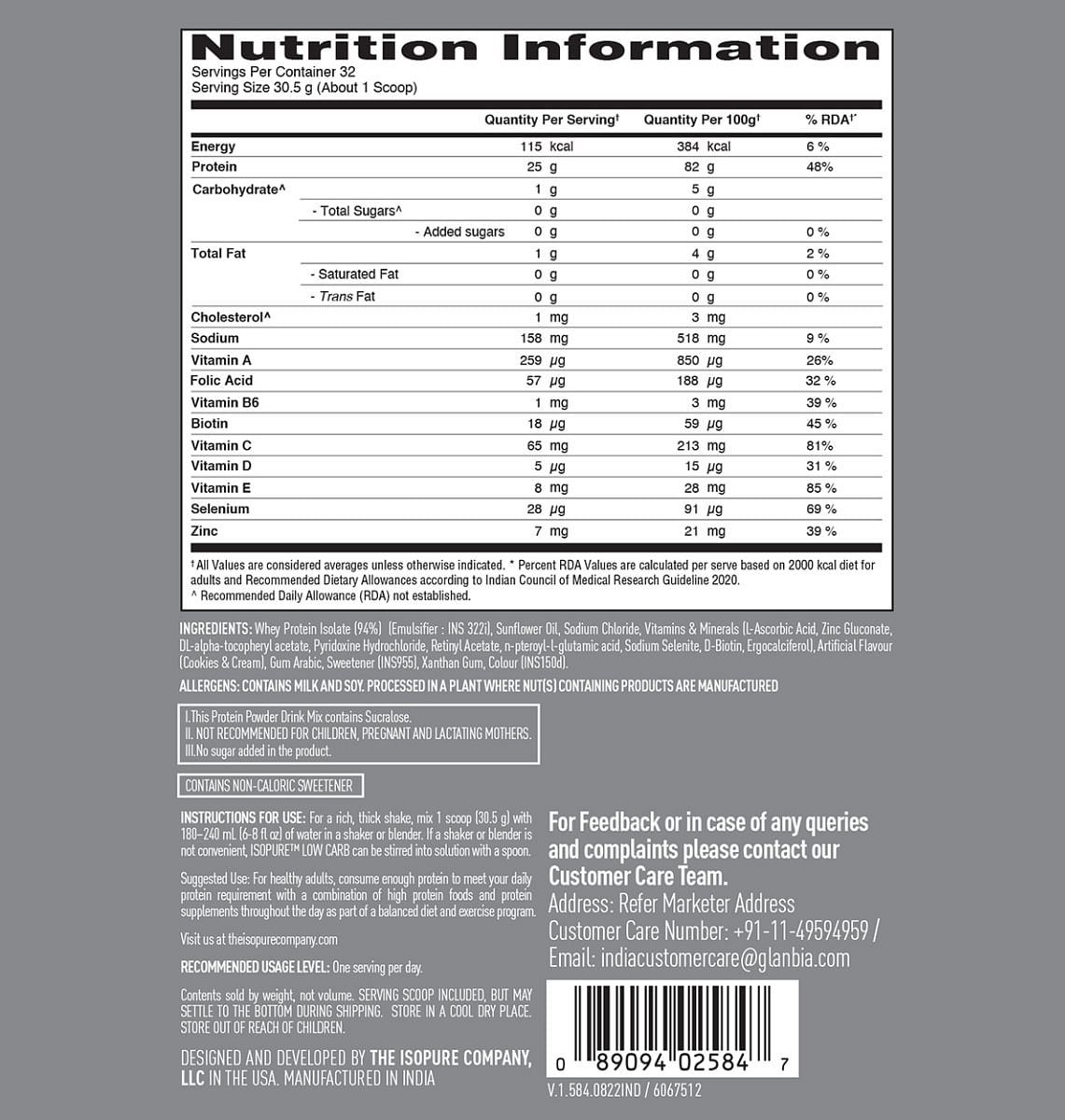 Isopure 100 Whey Isolate Protein Cookies  Cream With Vitamins for Immune support Lactose  Gluten-Free Vegetarian protein for Men  Women