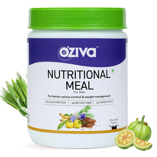 Oziva Nutritional Meal for Men, high protein with Ashwagandha, Ginseng, Flax Seeds, Pomegranate, Musli, Barley Grass, Chocolate 500g.