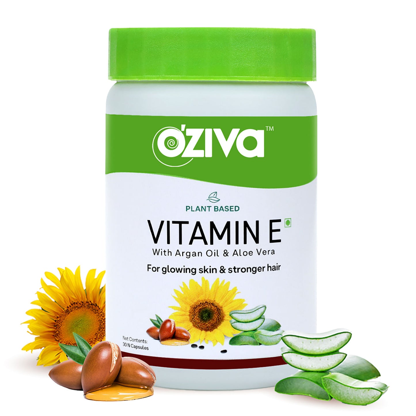 Oziva Plant-Based Vitamin E Capsules for Face & Hair with Sunflower, Aloe Vera, Argan Oil. Vegan, Natural. 30 Capsules-Pack of 2.