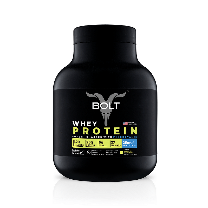 Bolt Whey Protein Powder 100 USA Made Whey Protein 2 lb 907g with PHYCOCYANIN for Quick Muscle Recovery Vegetarian