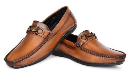 Neat Look Loafers for Men with Double Stitch  Metallic Buckle  Tan