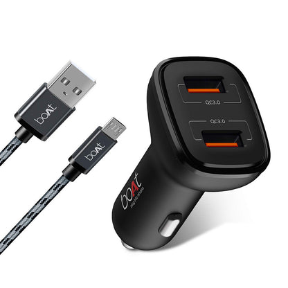 boAt Dual QC Port Car Charger, 18W Quick Charge 3.0, Smart IC Protection, Universal Compatibility, Free Micro USB Cable, Black