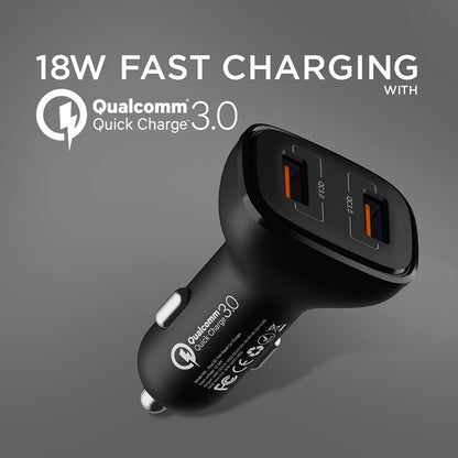 boAt Dual QC Port Car Charger, 18W Quick Charge 3.0, Smart IC Protection, Universal Compatibility, Free Micro USB Cable, Black