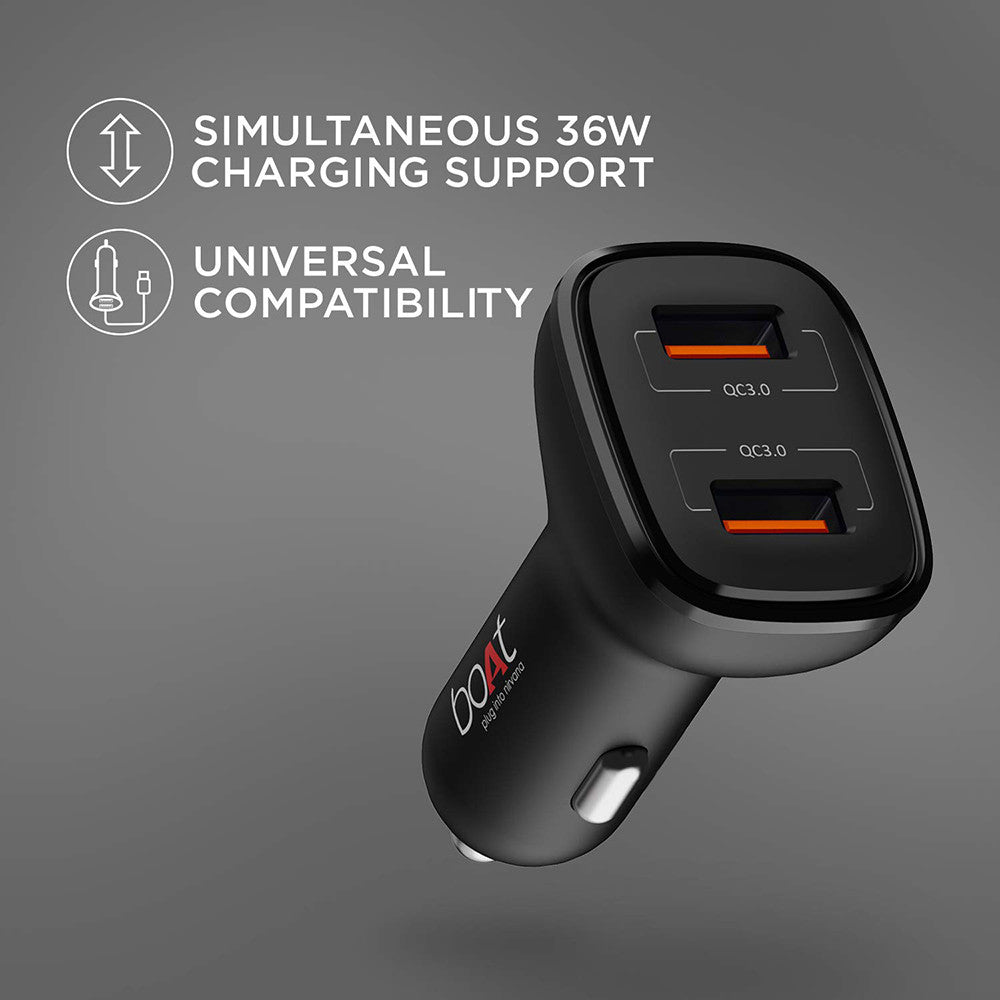 boAt Dual QC Port Car Charger, 18W Quick Charge 3.0, Smart IC Protection, Universal Compatibility, Free Micro USB Cable, Black