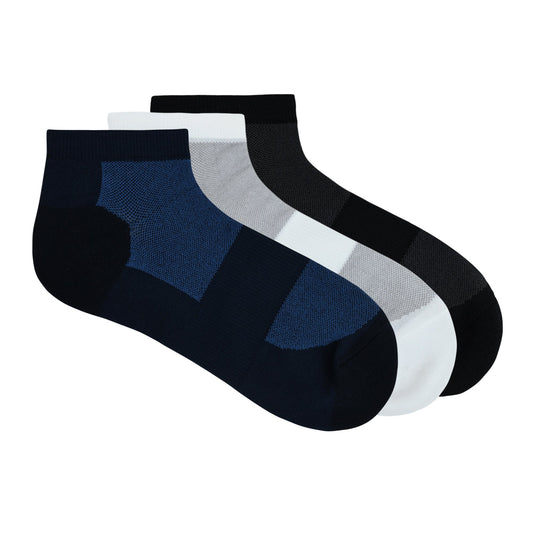 Balenzia Athletic Collection Cushioned High Ankle sports socks for Men with Breathable Mesh Knit Free Size Pack of 3 Pairs 1U Black Navy White.