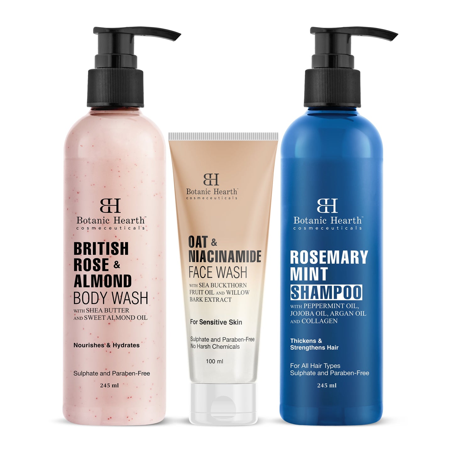 Fresh Start Trio  Oat  Niacinamide Face Wash British Rose  Almond Body Wash  Rosemary Mint Shampoo Set of 3