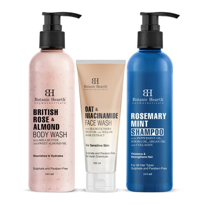 Fresh Start Trio  Oat  Niacinamide Face Wash British Rose  Almond Body Wash  Rosemary Mint Shampoo Set of 3