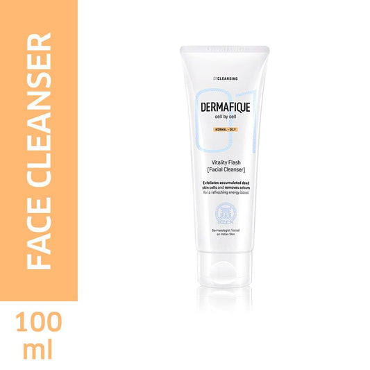 Dermafique Vitality Flash Cleanser: Exfoliates, cleanses pores, removes oil. For normal to oily skin. Orange Zest & Vitamin E. 100 ml.