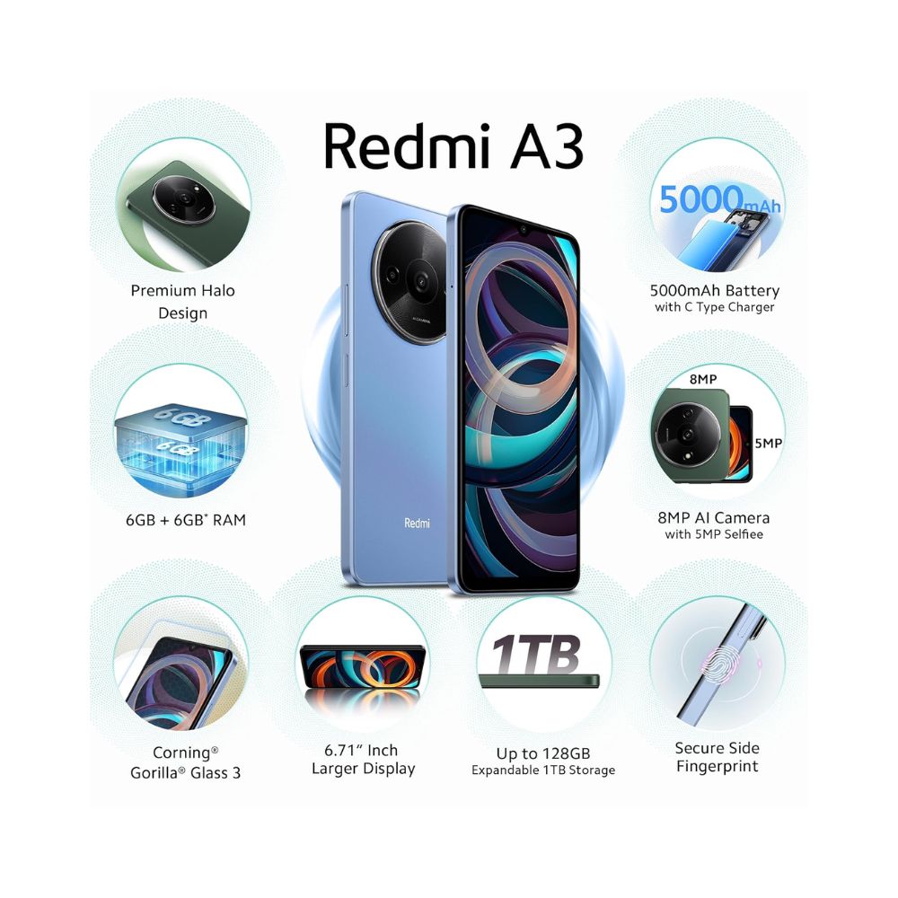 Redmi A3 Lake Blue 3GB RAM 64GB Storage  Premium Halo Design  90Hz Display  Powerful 4G G36 Processor