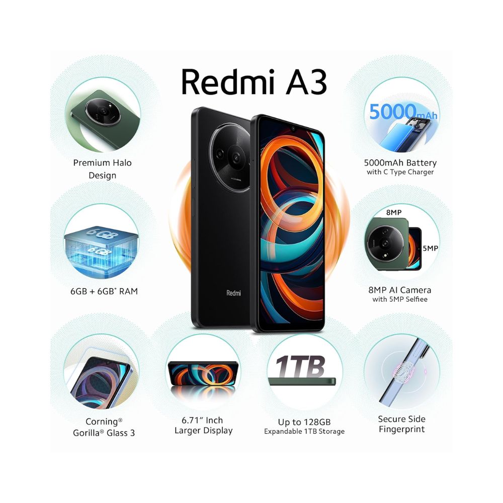 Redmi A3 Midnight Black 3GB RAM 64GB Storage  Premium Halo Design  90Hz Display  Powerful 4G G36 Processor