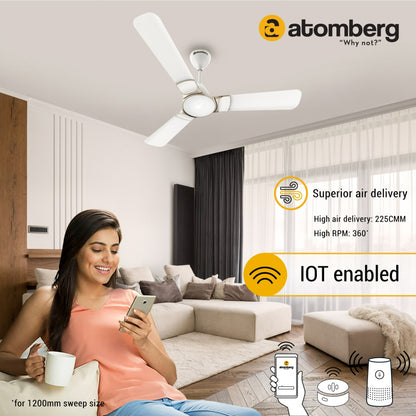 Atomberg Erica Smart IOT Enabled 1200 mm BLDC Motor with Remote 3 Blade Ceiling FanSnow white