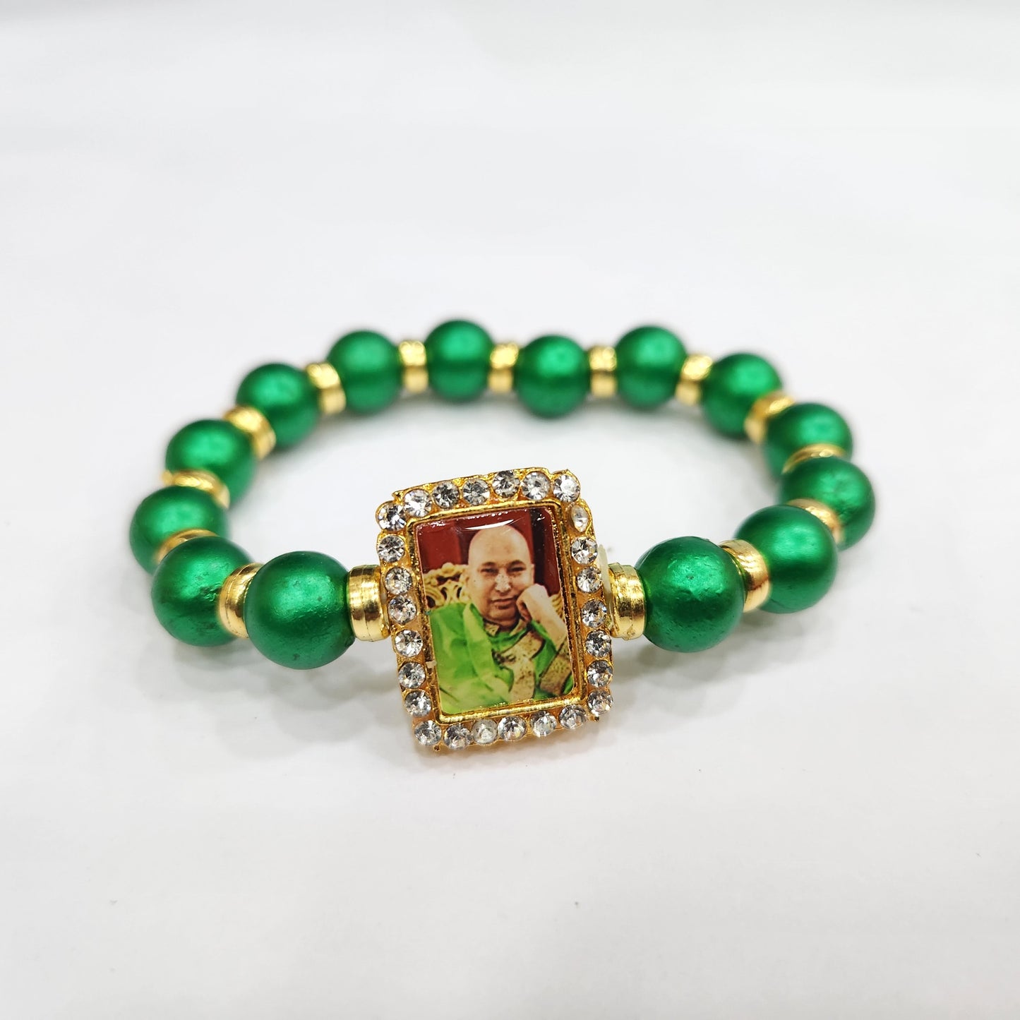 Dark Green Round Pearl Bracelet with Jai Guruji Swaroop Handmade Bracelets for Men and Women