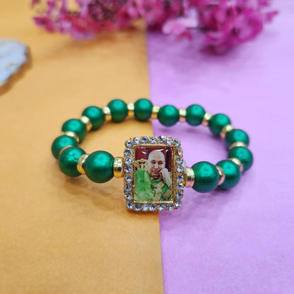 Dark Green Round Pearl Bracelet with Jai Guruji Swaroop Handmade Bracelets for Men and Women