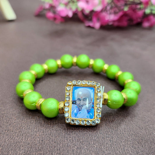 Lime Green Round Pearl Bracelet with Jai Guruji Swaroop