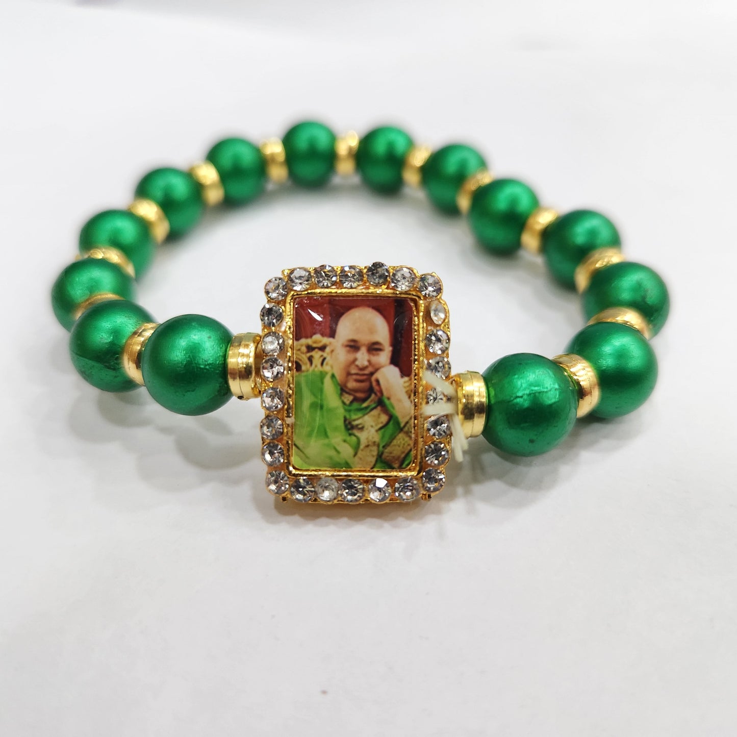 Dark Green Round Pearl Bracelet with Jai Guruji Swaroop Handmade Bracelets for Men and Women