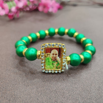 Dark Green Round Pearl Bracelet with Jai Guruji Swaroop Handmade Bracelets for Men and Women