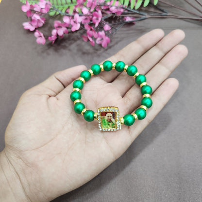 Dark Green Round Pearl Bracelet with Jai Guruji Swaroop Handmade Bracelets for Men and Women