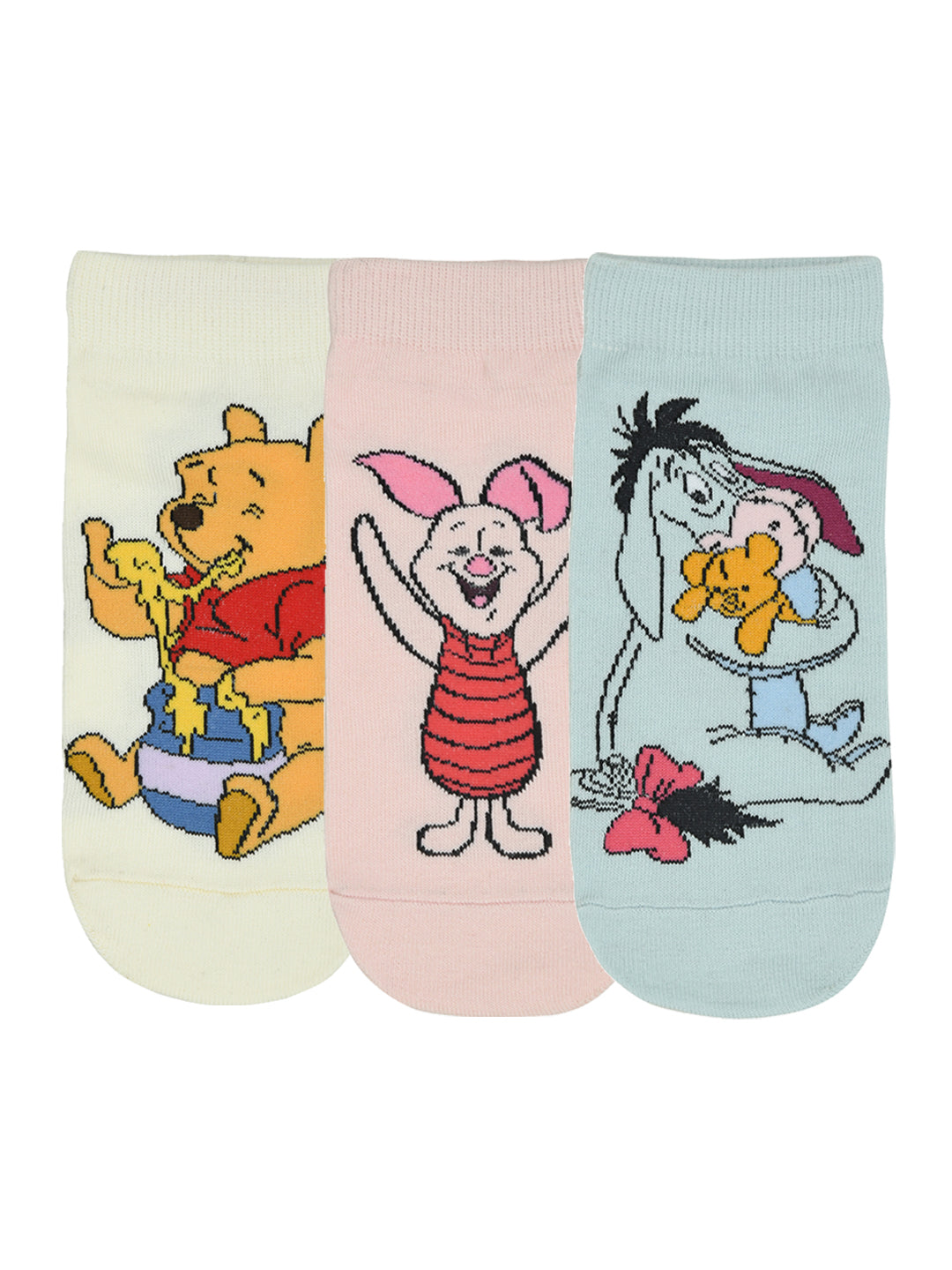 Balenzia x Disney Winnie the Pooh Lowcut socks for Women-PoohPigletEeyore Pack of 3 Pairs1UFree Size Cream Pink Blue