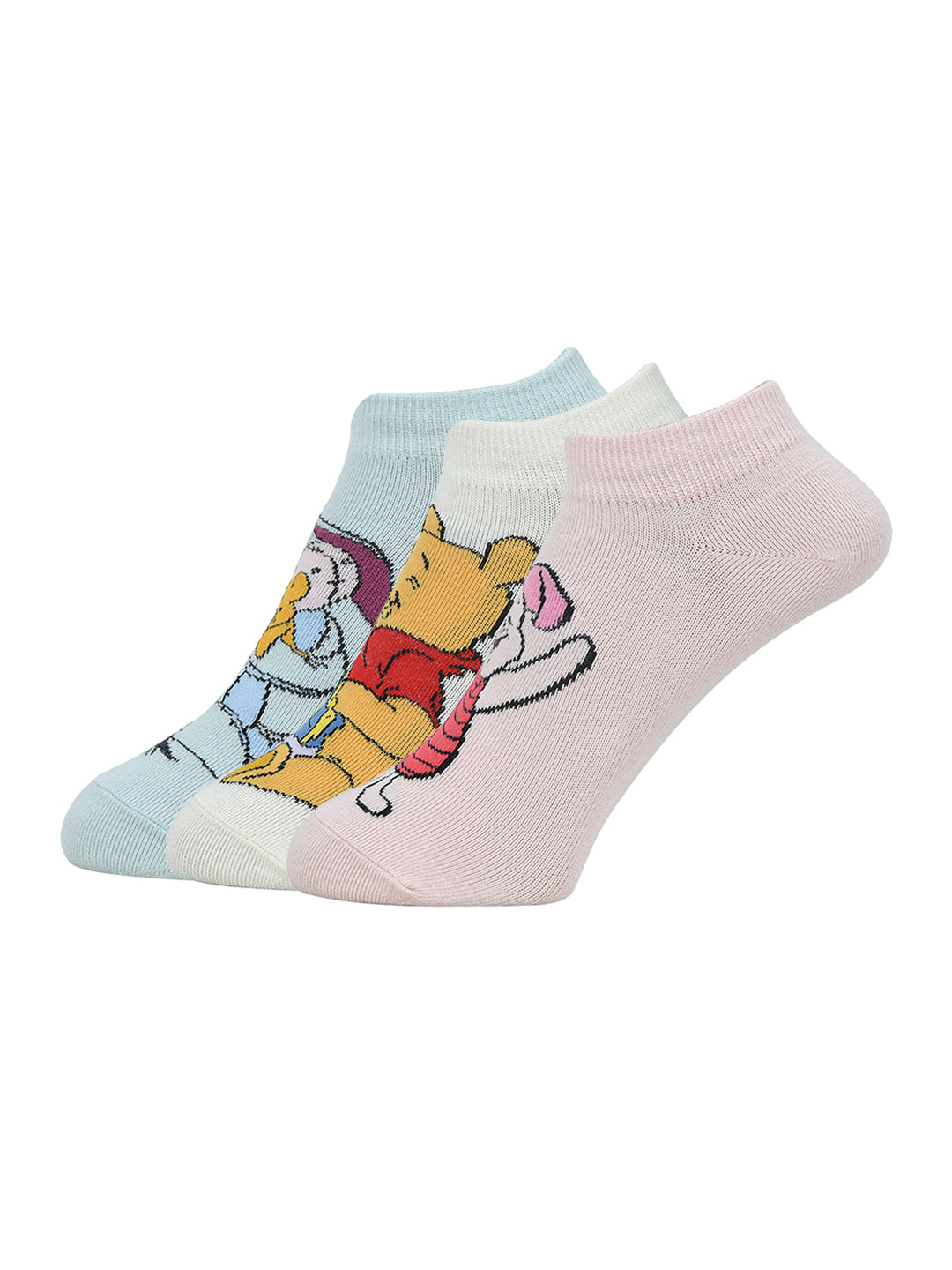 Balenzia x Disney Winnie the Pooh Lowcut socks for Women-PoohPigletEeyore Pack of 3 Pairs1UFree Size Cream Pink Blue