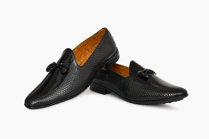 Partywear Shiny Slip-ons for Men with Bow  Embossed Pattern  Black