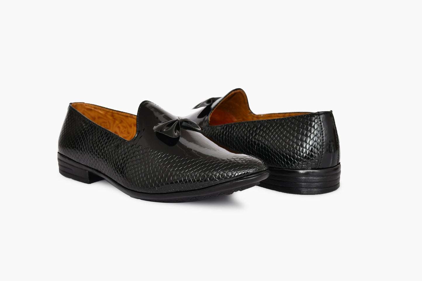 Partywear Shiny Slip-ons for Men with Bow  Embossed Pattern  Black