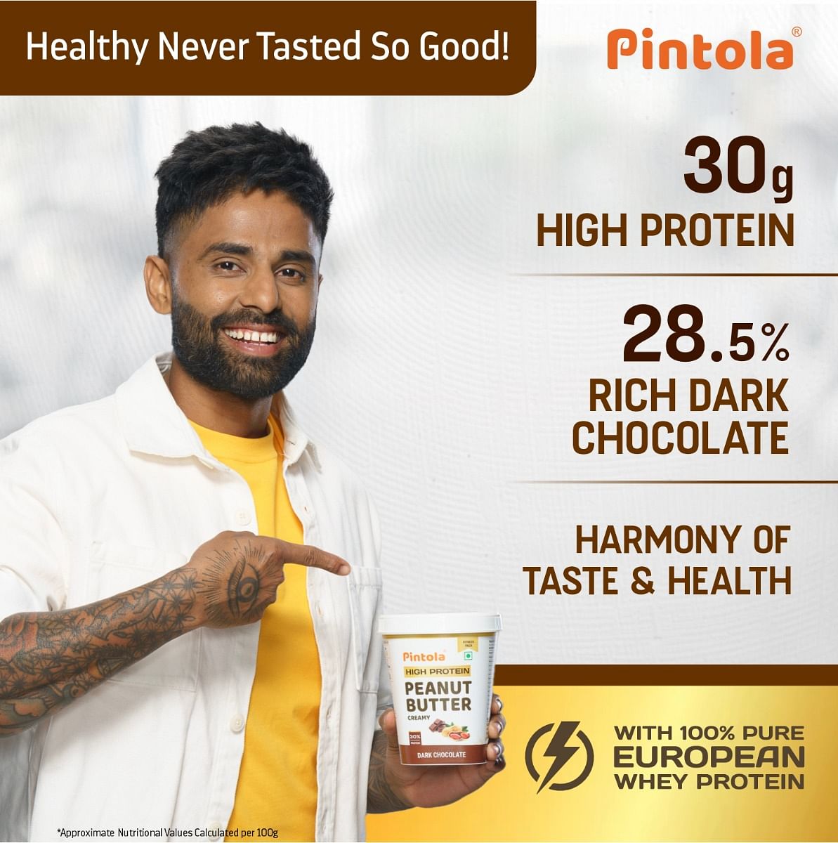 Pintola HIGH Protein Peanut Butter Dark Chocolate  30 Protein  High Fibre  NO Salt  Non GMO Naturally Gluten Free Zero Cholesterol  Crispy