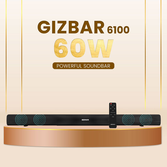 GIZMORE BAR6100 60W RMS Portable Bluetooth Soundbar with 360 Degree Surround Sound  Extra Deep Bass Wall Mounted Multi Connectivity  Remote Control connect with MobileTVPC and Projector