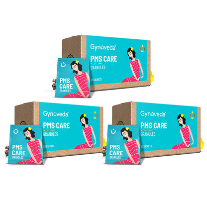 Gynoveda PMS Care Granules No More Mood Swings Bloating Cramps Fatigue Get Hassle-Free Periods 3 Packs 90 Sachets