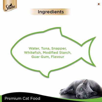 Sheba Complete Nutrition Tuna White Meat  Snapper In Gravy Cat Wet Food and Sheba Chicken Flavour Irresistible Cat Dry Food Combo