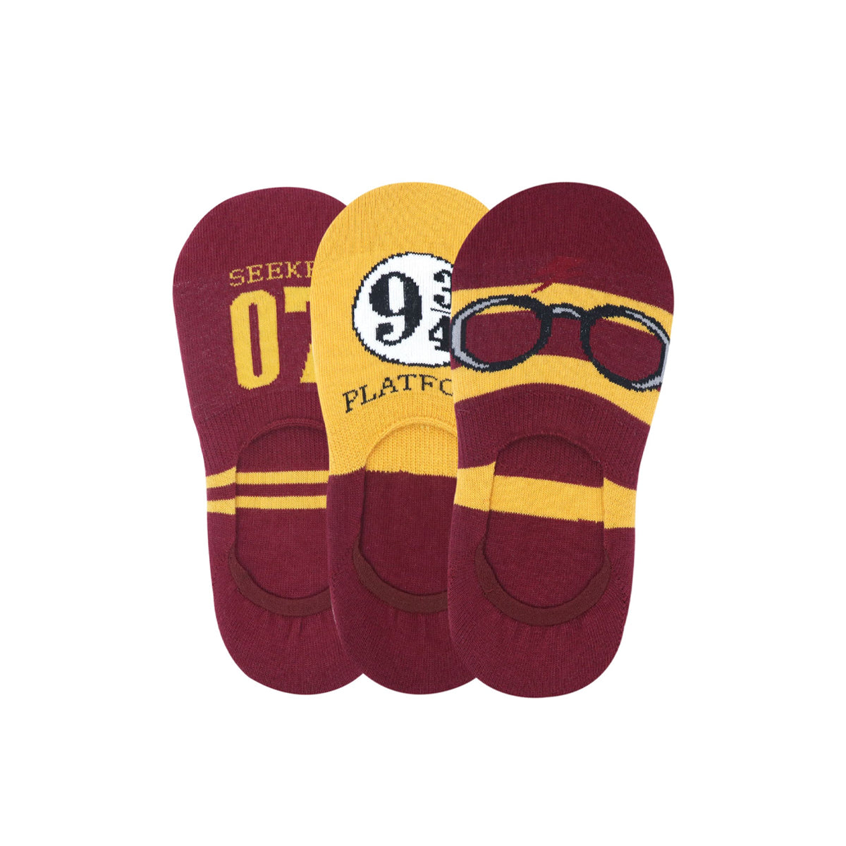 Balenzia x Harry Potter Potter 07 Lightning Bolt  Glasses Platform 9 34 No Show Socks for WomenPack of 3 Pairs1U- Yellow  Maroon