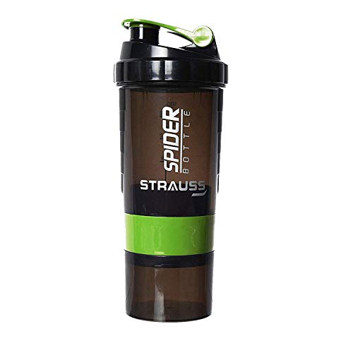 STRAUSS Spider Gym Shaker Bottle, 500ML, 2 Storage Compartments, Leakproof, BPA Free, for Post/Pre-Workout Drink, Green