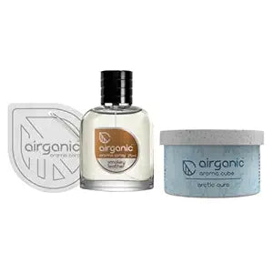 Airganic Aroma Car Freshener Combo Pack  Fine Spray Smokey Leather   Aroma Cube Artic Aura air fragrance