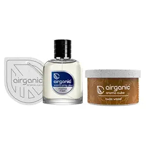 Airganic Aroma Car Freshener Combo Pack  Fine Spray Marine Fresh  Aroma Cube Swiss Wood air fragrance