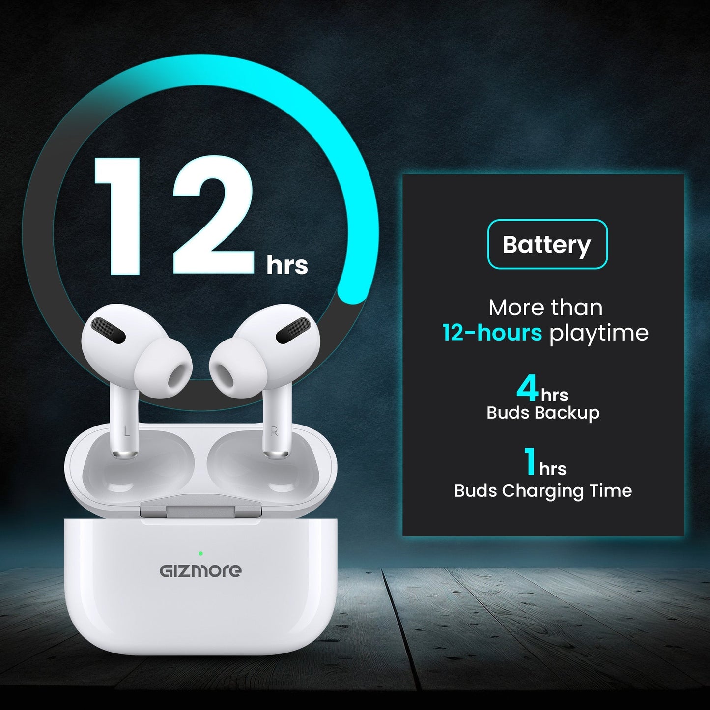 GIZMORE 862  TWS In-Ear Earbuds Type-C Fast Charging with 12 Hours Playtime  Bluetooth V5.013mm Bass Drivers Sweat  Water Resistant  Touch Controls  Voice Assistant Earbuds White