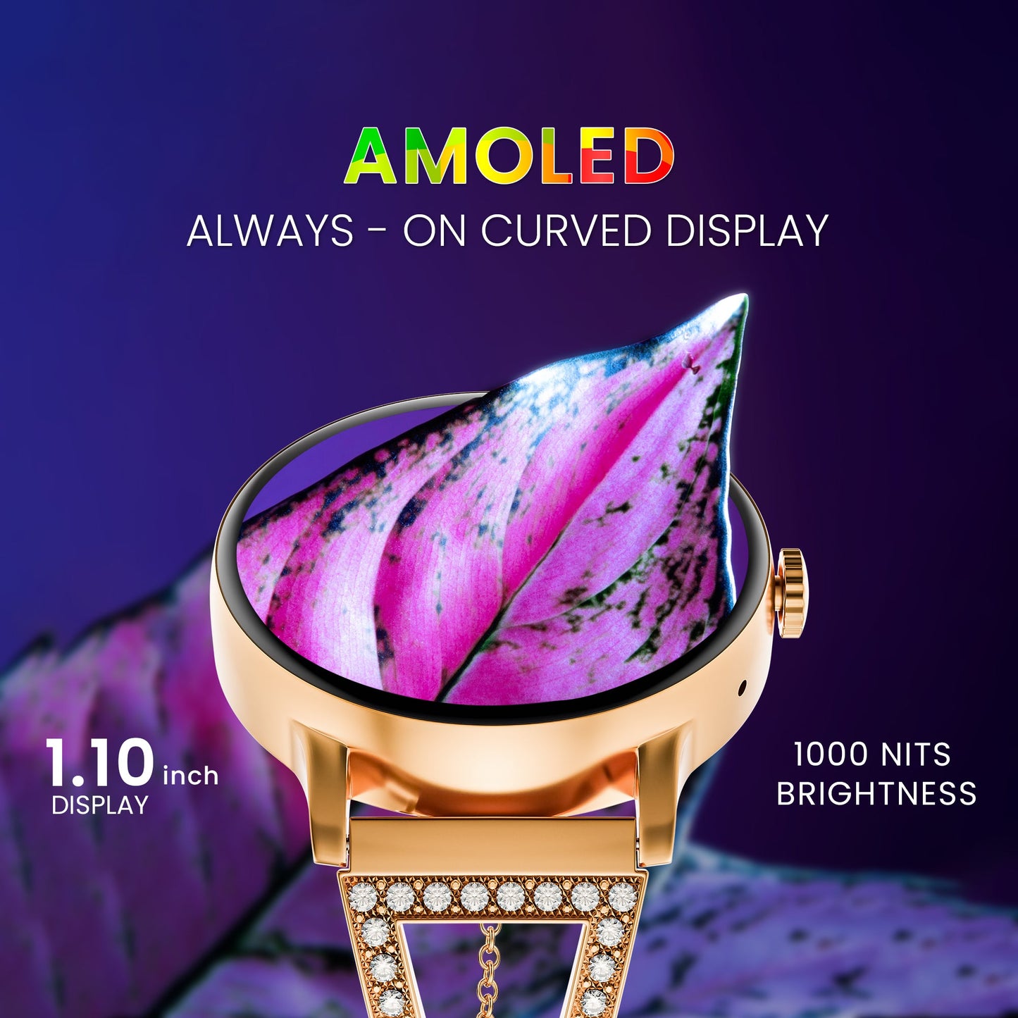 GIZMORE DAZZLE 1.10 Inch AMOLED Always-On Curved Display 1000 NITS  Female Cycle Tracker Multi Sports Mode  Bluetooth Calling Smartwatch for Women with Bracelet  Free Silicon Strap Rose Gold
