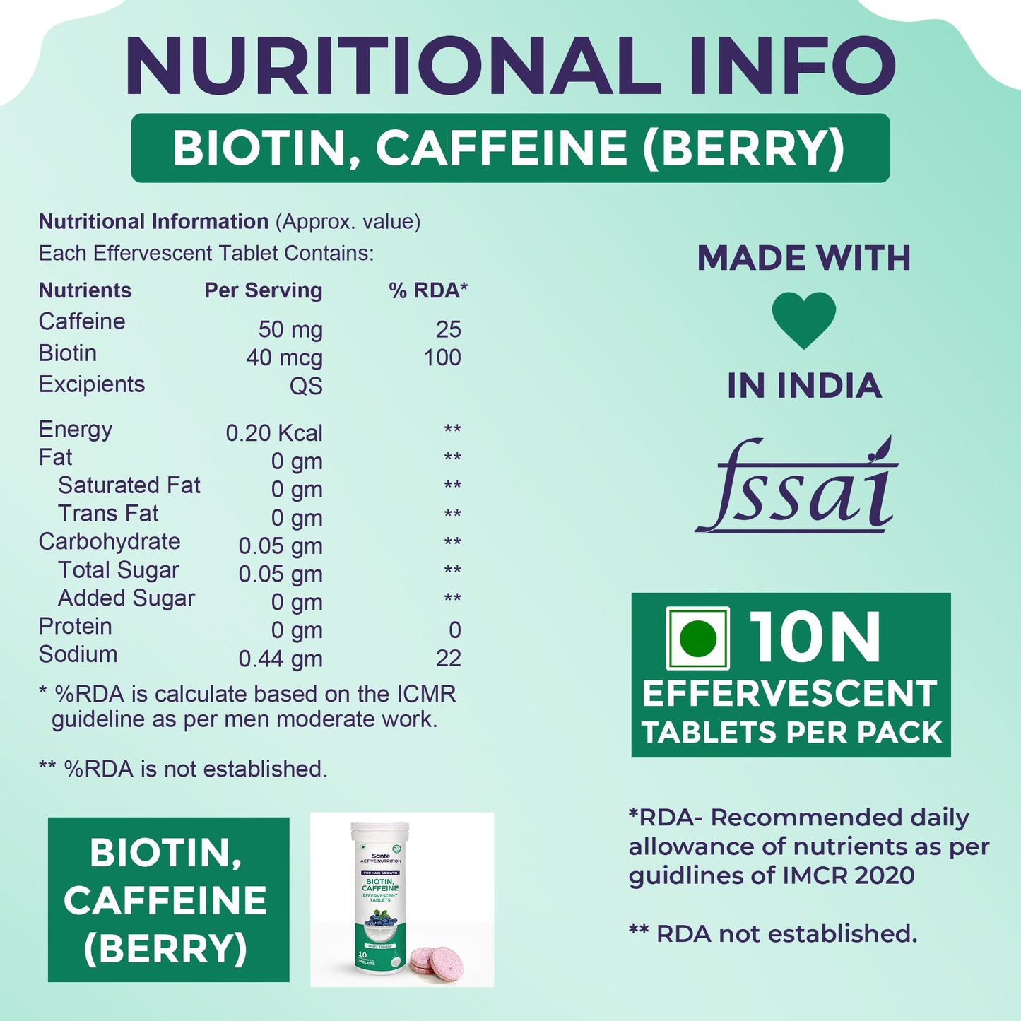 Sanfe Effervescent Tablets Biotin  Caffeine Berry - For Hair Growth supports long hair 40 Tablets