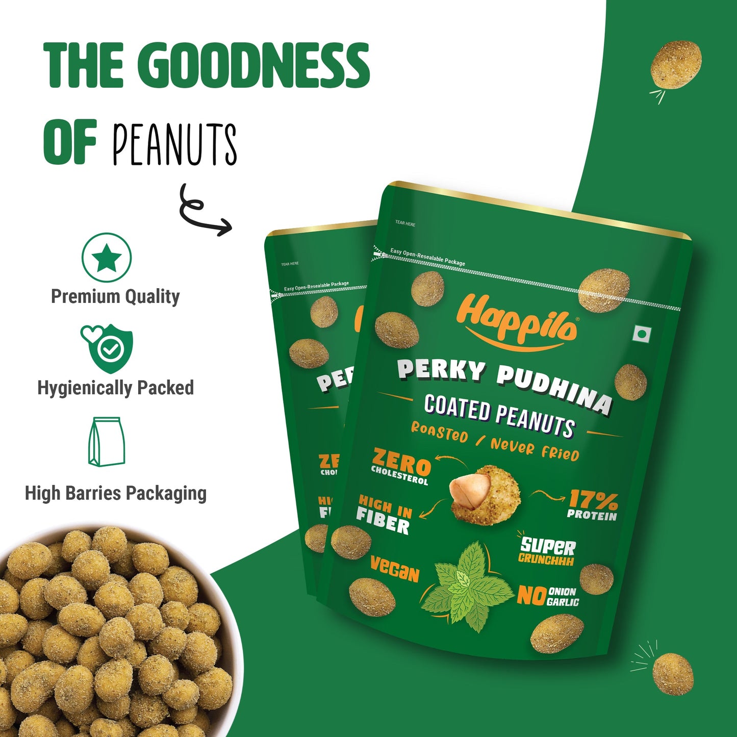 Happilo Premium Super Snack Perky Pudhina Peanut 150g Crunchy and Nutty High in Protein and Dietary Fibre