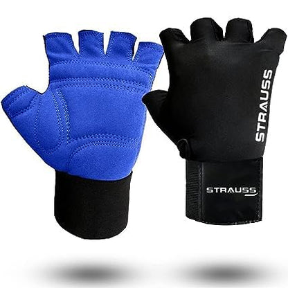 STRAUSS Suede Gym Gloves for Weightlifting, Cycling, Exercise. Full Palm Protection, Extra Durability, Fingerless, Size Large, Blue/Black.