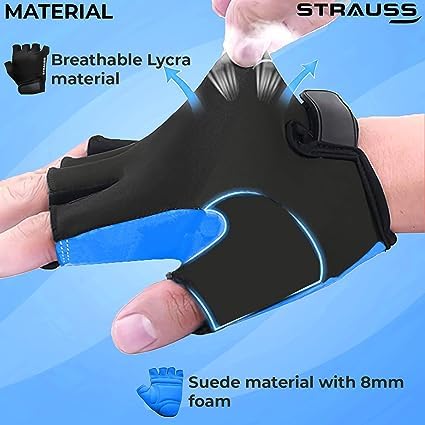 STRAUSS Suede Gym Gloves for Weightlifting, Cycling, Exercise. Full Palm Protection, Extra Durability, Fingerless, Size Large, Blue/Black.