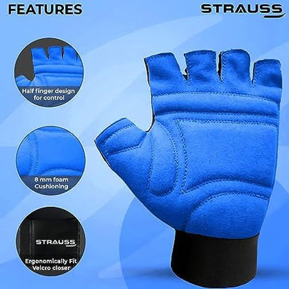 STRAUSS Suede Gym Gloves for Weightlifting, Cycling, Exercise. Full Palm Protection, Extra Durability, Fingerless, Size Large, Blue/Black.