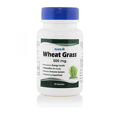 Healthvit Wheat Grass 500mg: Detoxifies, Boosts Immunity, Increases Energy, Alkaline Superfood, 100% Natural, Non-GMO, 60 Capsules.