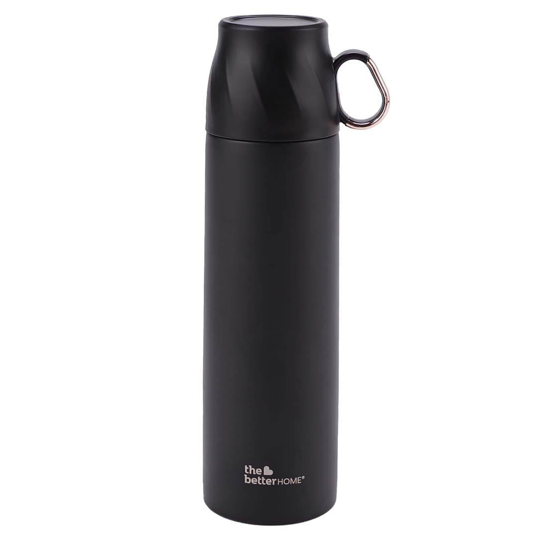 The Better Home 500ml Insulated Flask with Cup, Leak & Rust Proof, 6 Hours Hot/Cold, Black Stainless Steel.