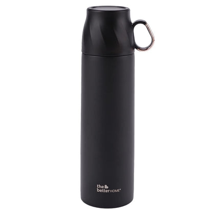 The Better Home 500ml Insulated Flask with Cup, Leak & Rust Proof, 6 Hours Hot/Cold, Black Stainless Steel.