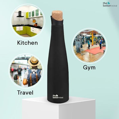 The Better Home Rogue Series Insulated 500ml Black Water Bottle with Cork Cap for Office, Kids, Hot/Cold, Stainless Steel, Aesthetic.