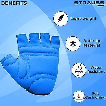 STRAUSS Suede Gym Gloves for Weightlifting, Cycling, Exercise. Full Palm Protection, Extra Durability, Fingerless, Size Large, Blue/Black.