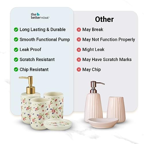 The Better Home Ceramic Bathroom Accessories Set: Liquid Soap Dispenser, Toothbrush Holder, Soap Holder, Bathroom Organizer - White Floral.